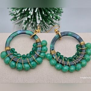 Handmade Boho Green Agate Dangle Earrings Wire Wrapped Brass Artisan Design